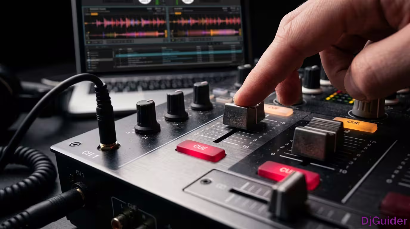 DJ mixer channel faders and headphone cue buttons