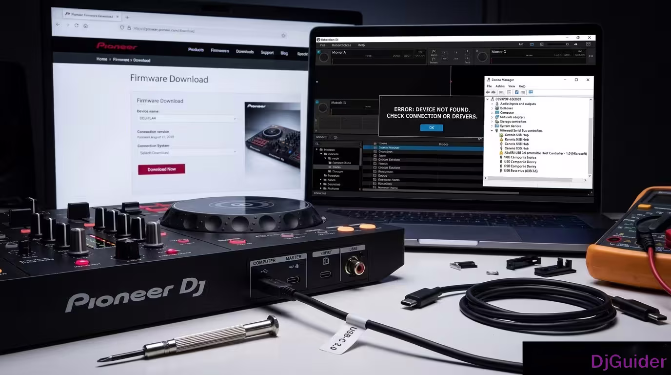 DDJ FLX4 controller connected to laptop with Rekordbox troubleshooting guide