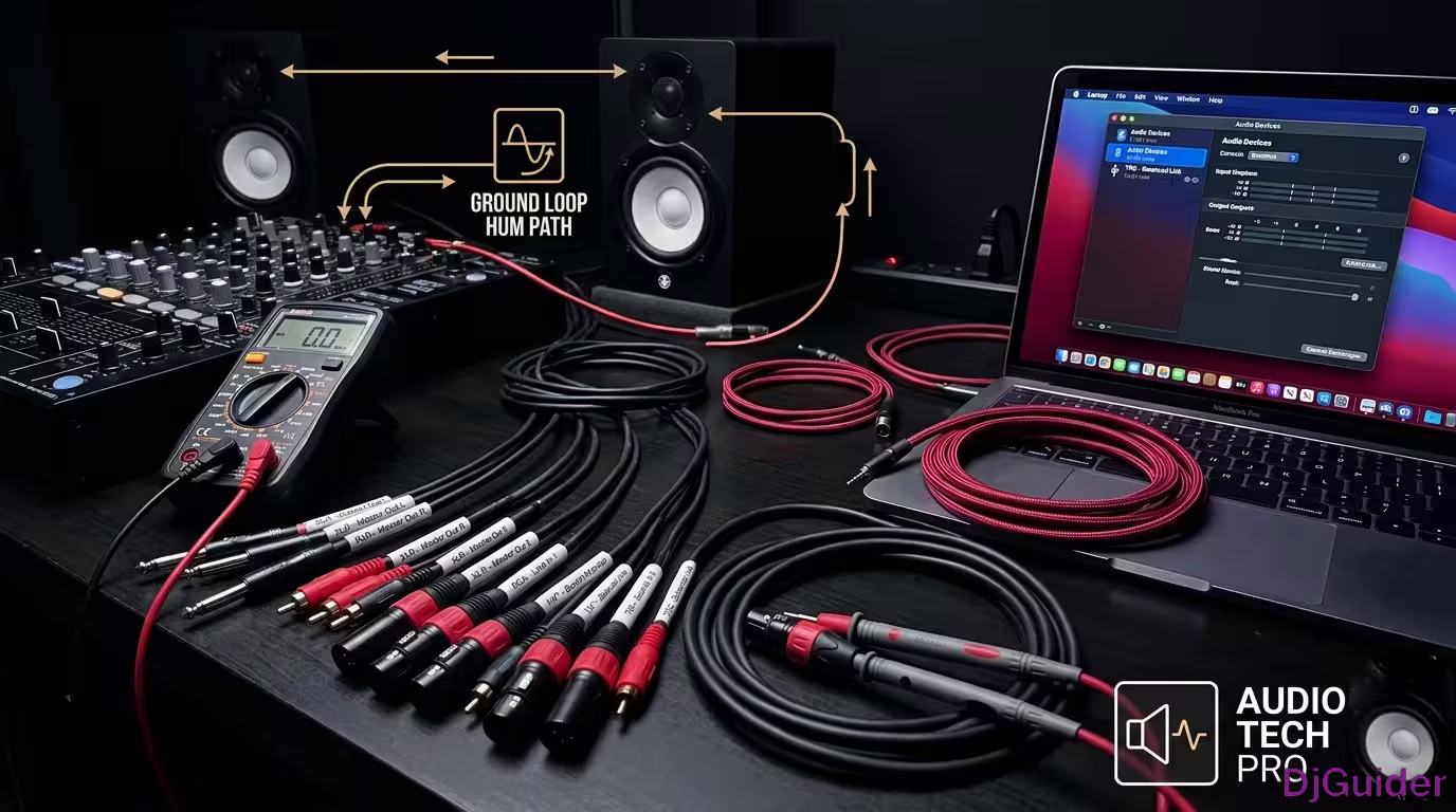 DJ troubleshooting audio hum, crackling, and interference in a sound system setup