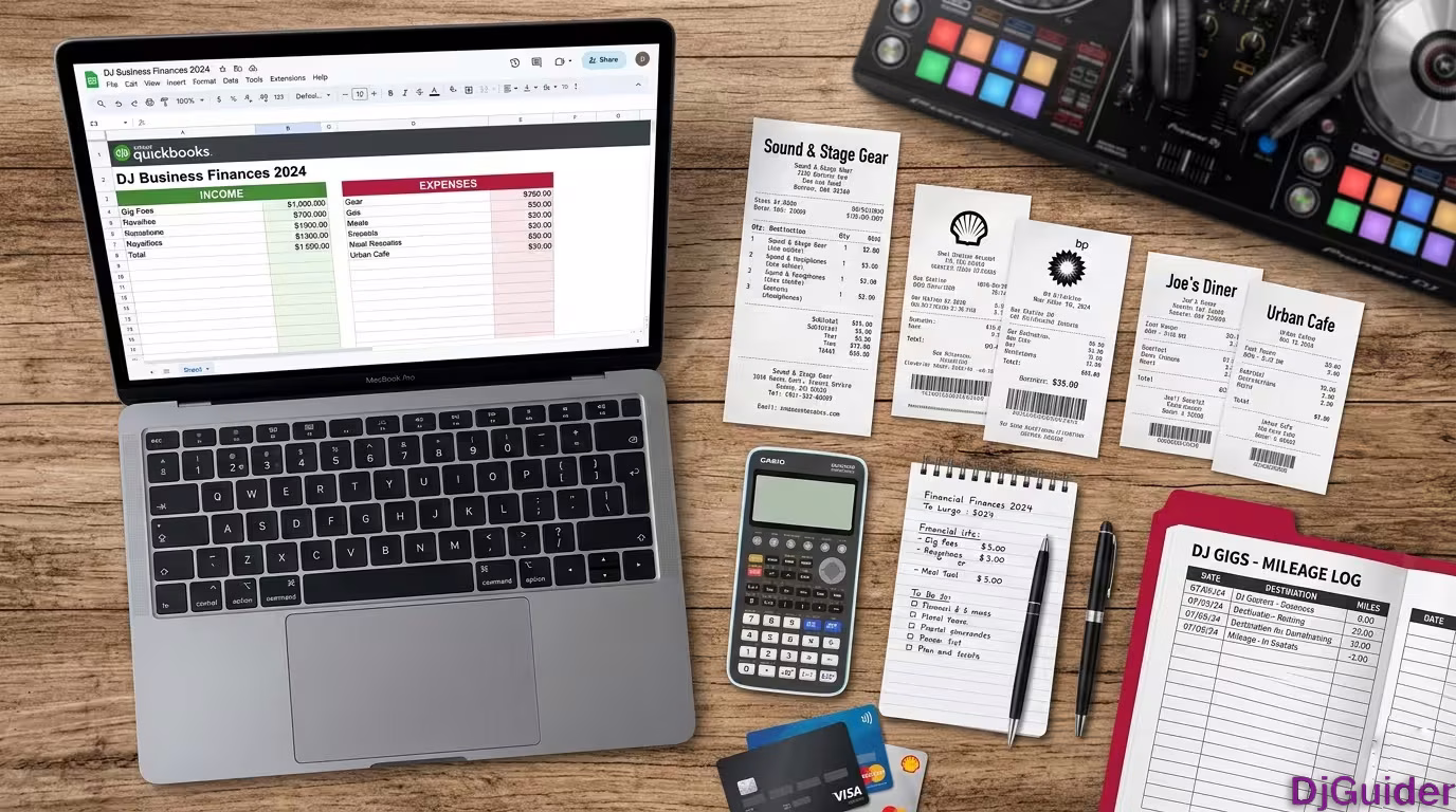 DJ tracking business expenses and taxes on a spreadsheet