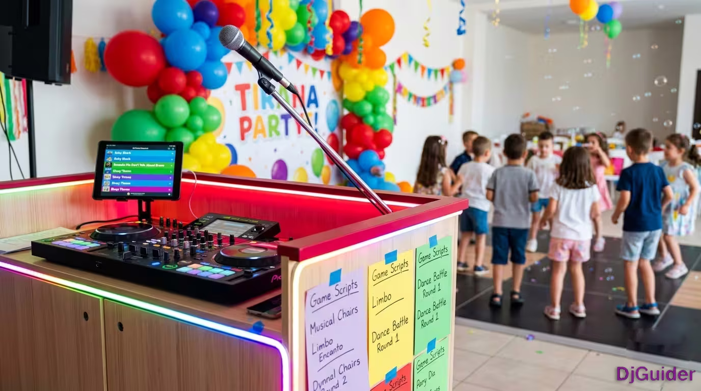 DJ entertaining children at a kids birthday party with microphone and controller