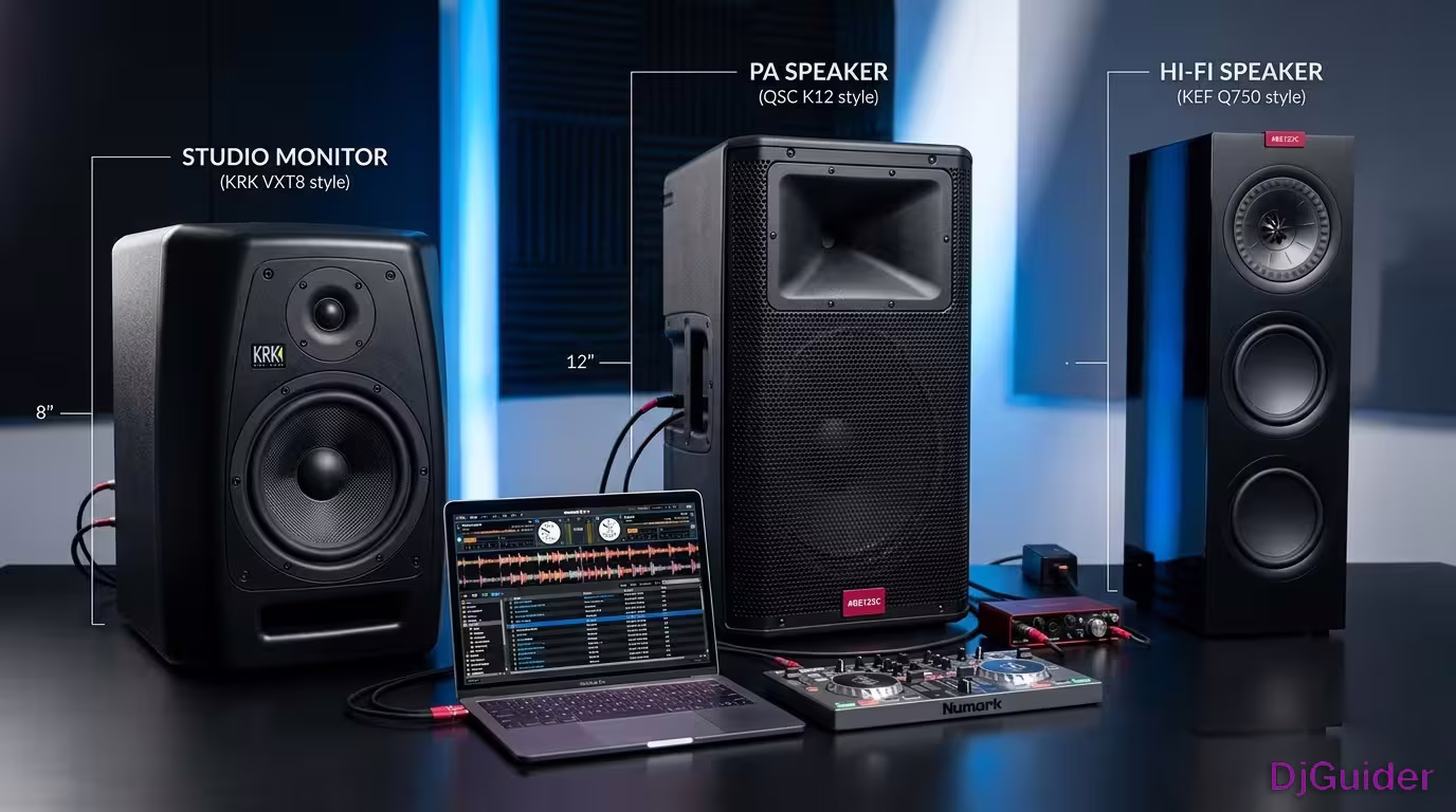 Comparison of different types of DJ speakers — monitors, PA, and consumer