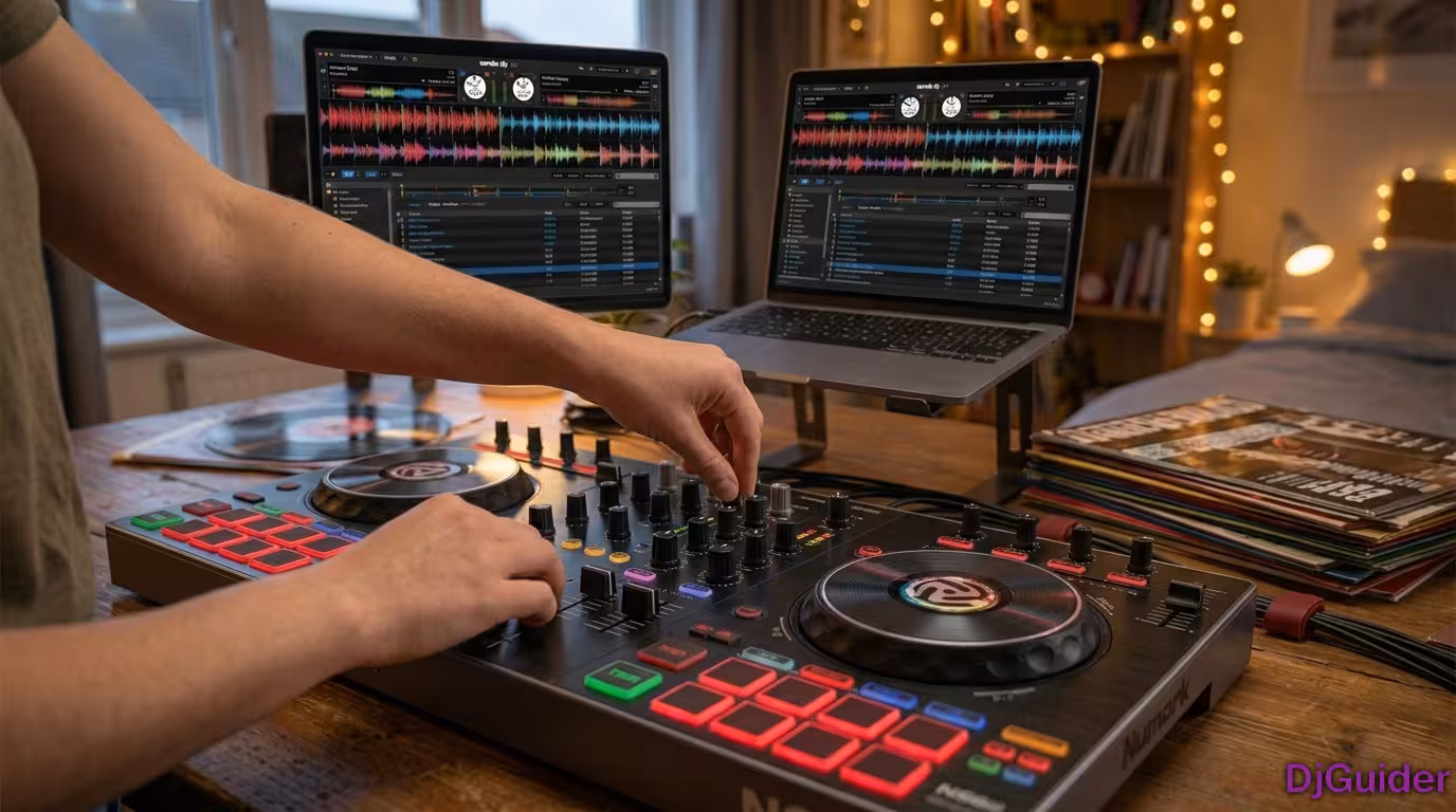 Beginner DJ practicing mixing on a controller