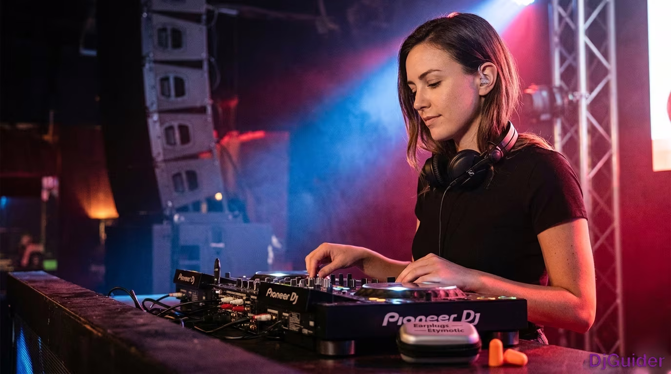 DJ wearing high fidelity earplugs at a club