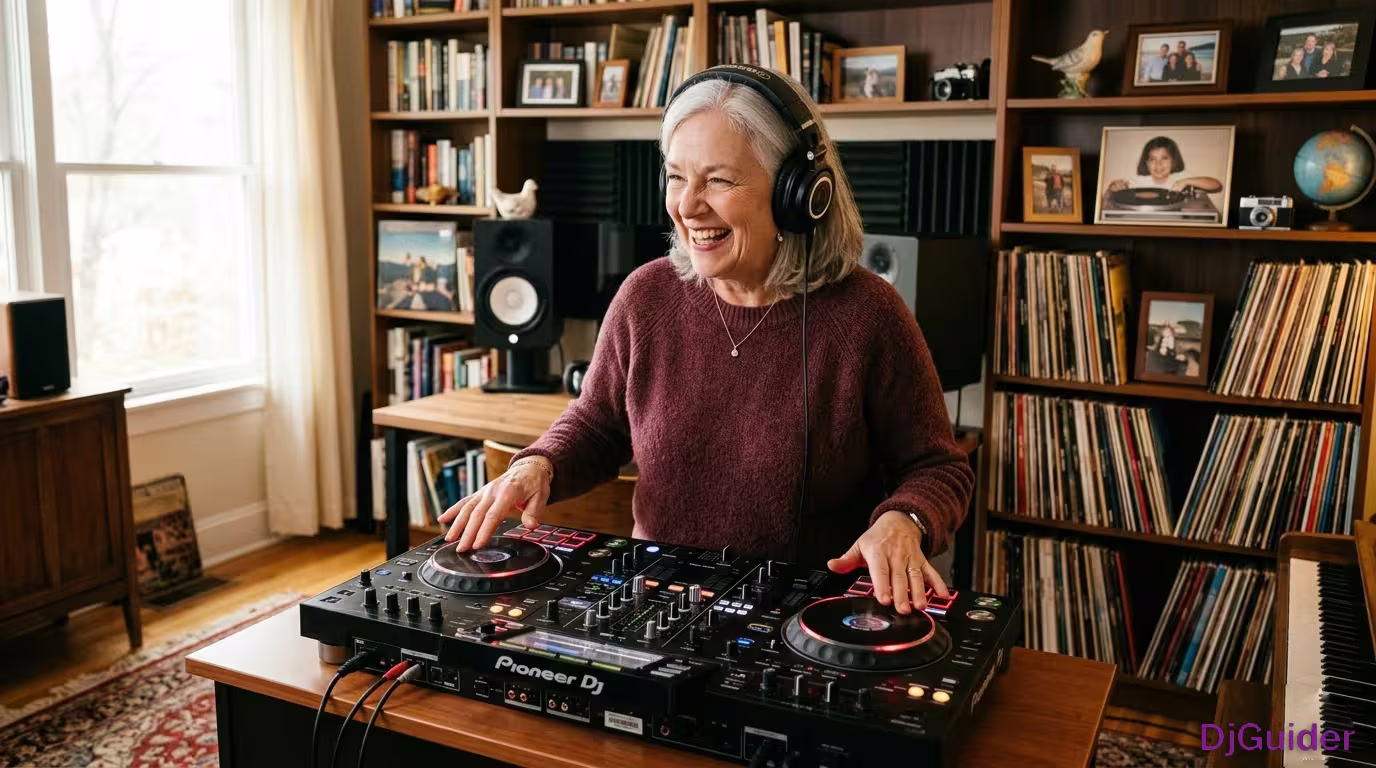 Older DJ behind the decks showing that it's never too late to start DJing