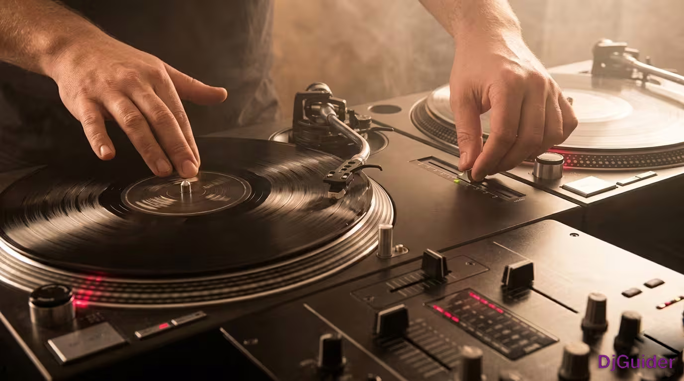 DJ beat matching on vinyl turntables with a mixer