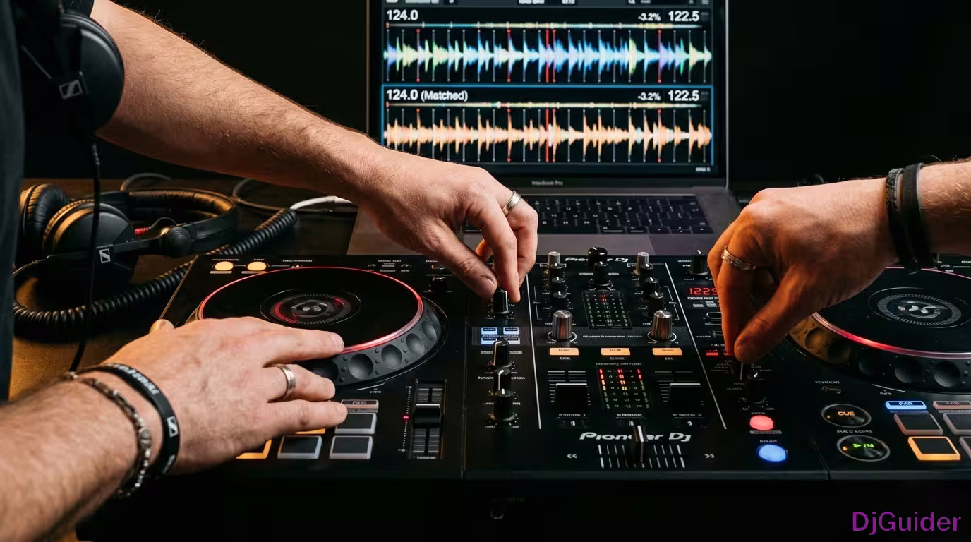 DJ beat matching on a controller with headphones