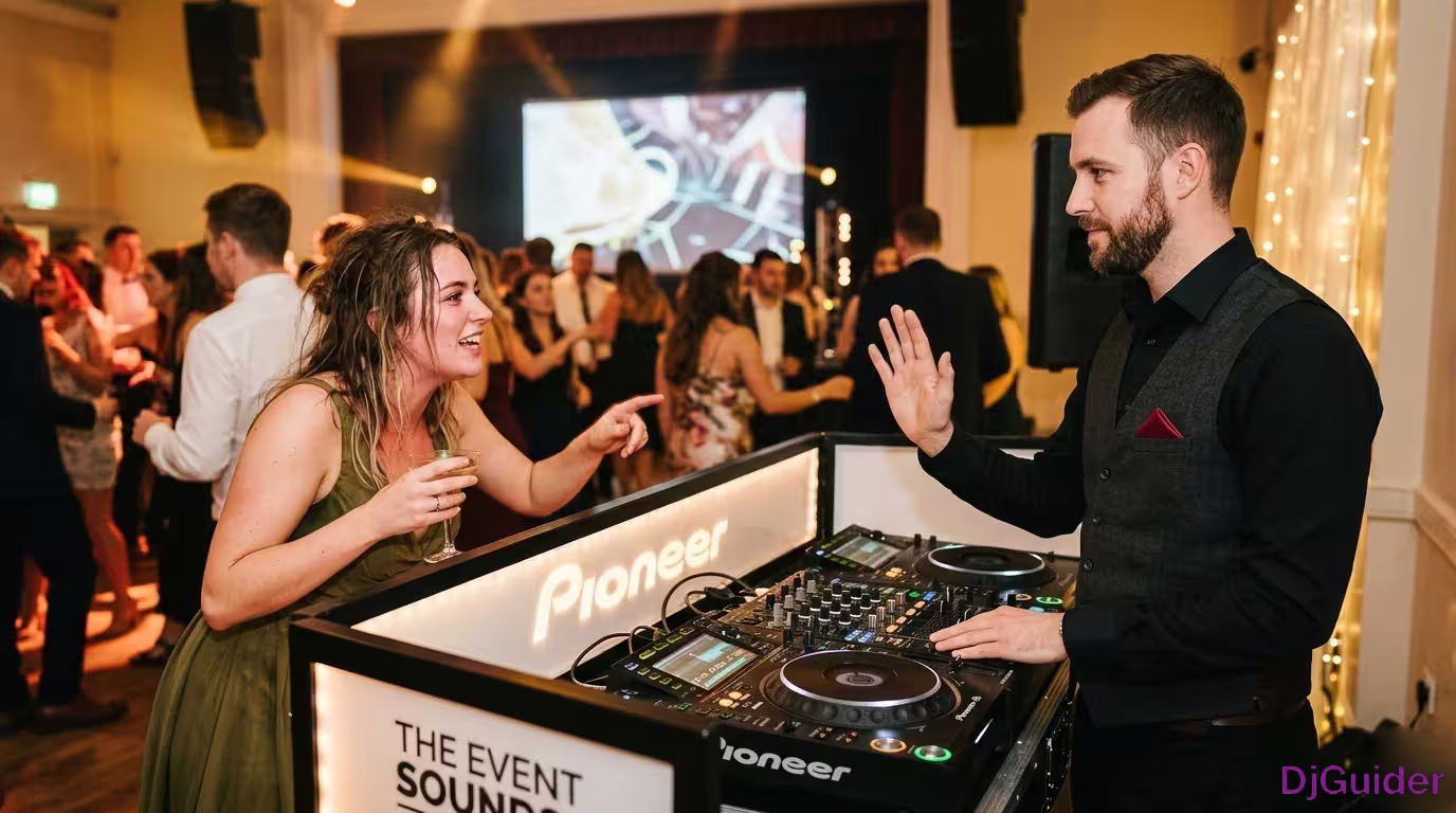 DJ dealing with a drunk guest making a song request at a wedding reception