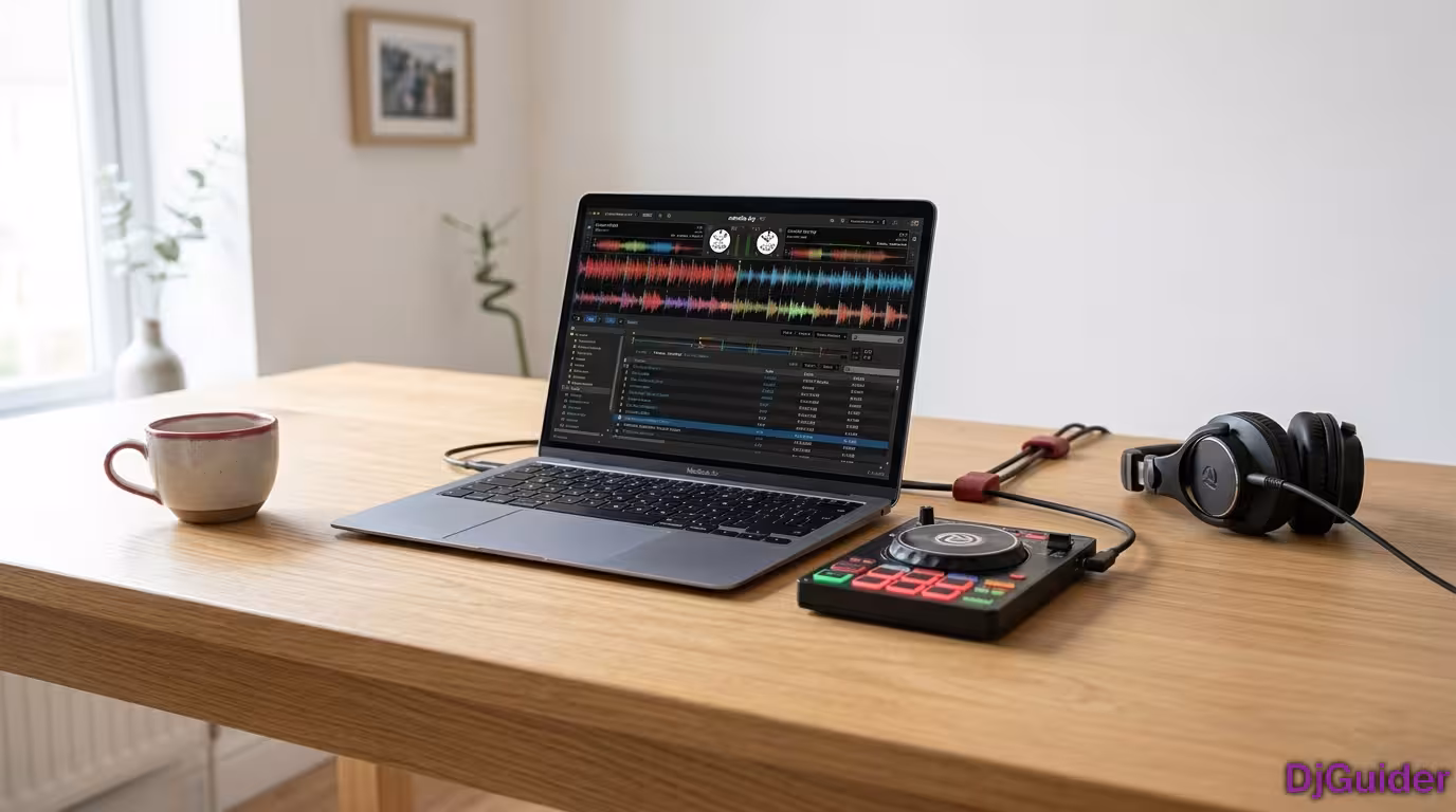 DJ setup with a laptop, controller, and headphones