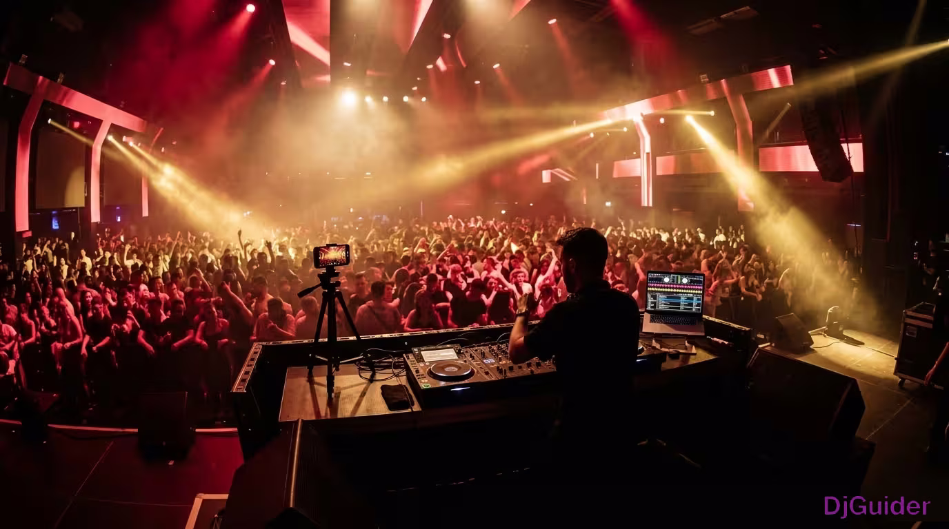 DJ performing live on stage at a club with a crowd dancing