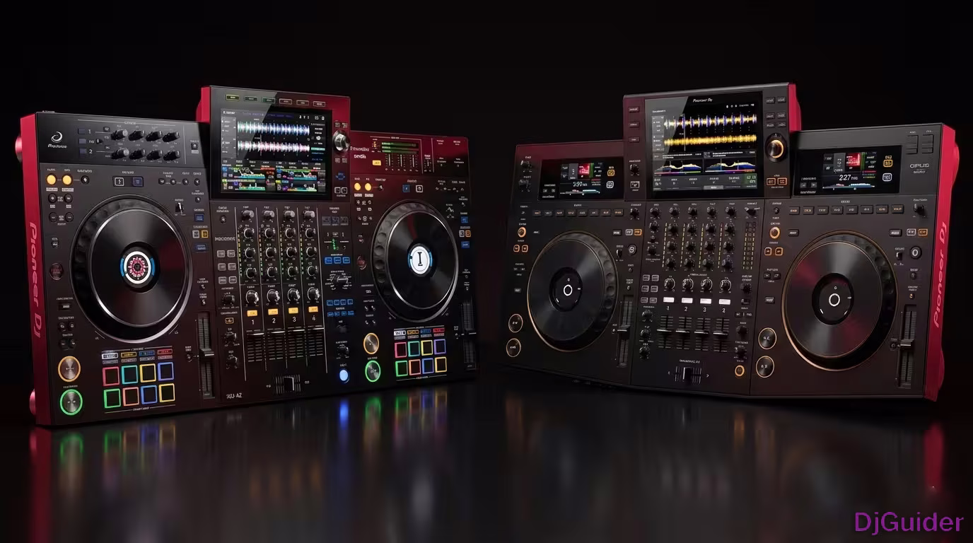 Pioneer XDJ-AZ and Opus Quad standalone DJ systems side by side