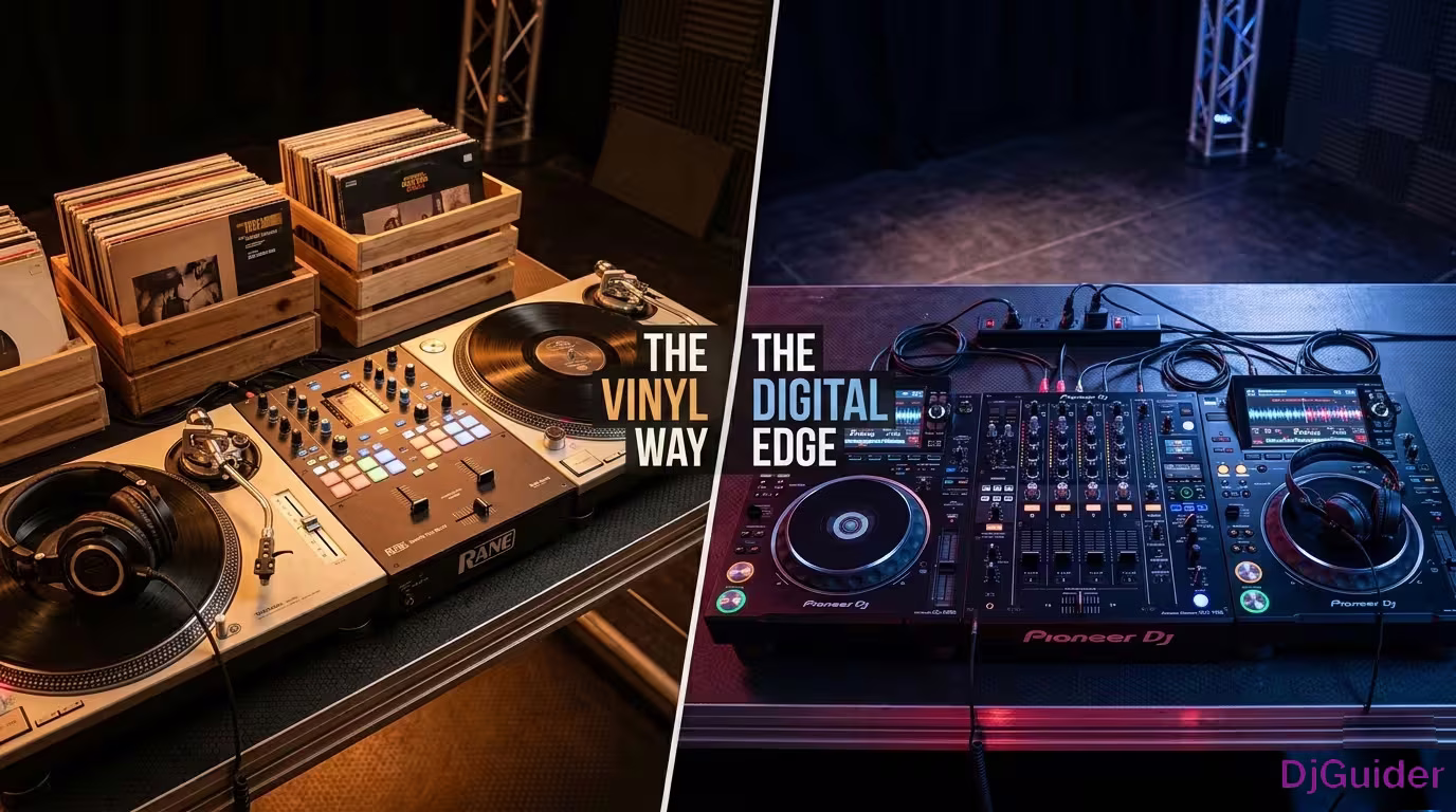 Side by side comparison of CDJ setup and vinyl turntable