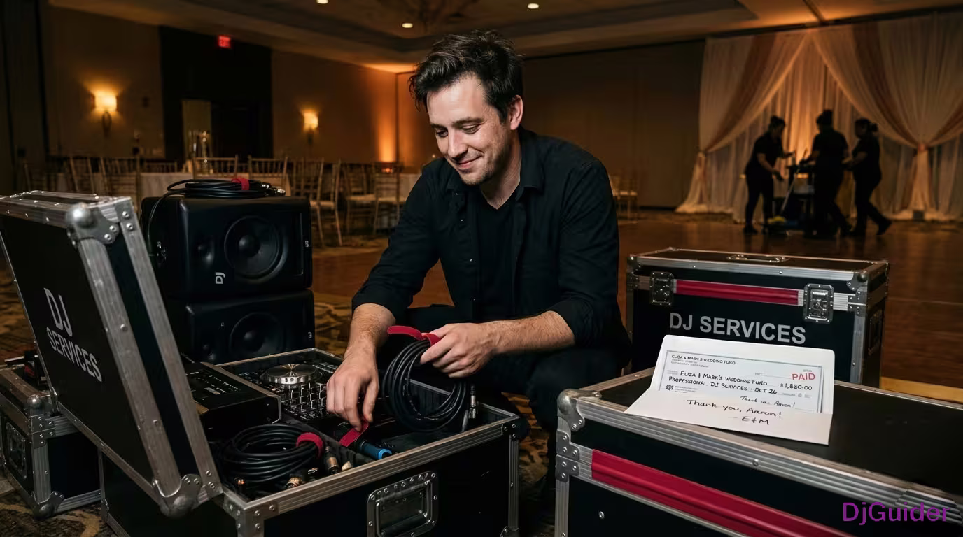 Wedding DJ performing at a reception with packed dance floor