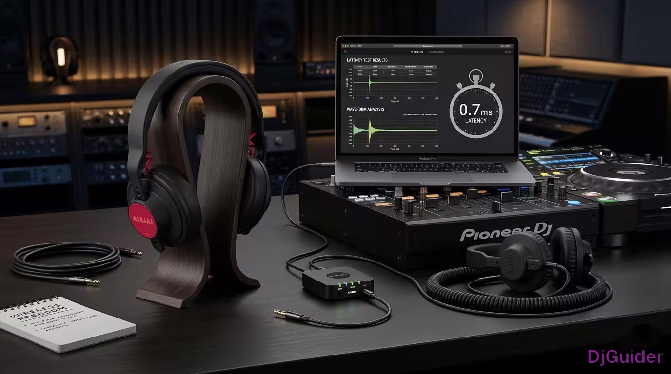 Wireless DJ headphones with W Plus Link transmitter being tested for beat matching latency